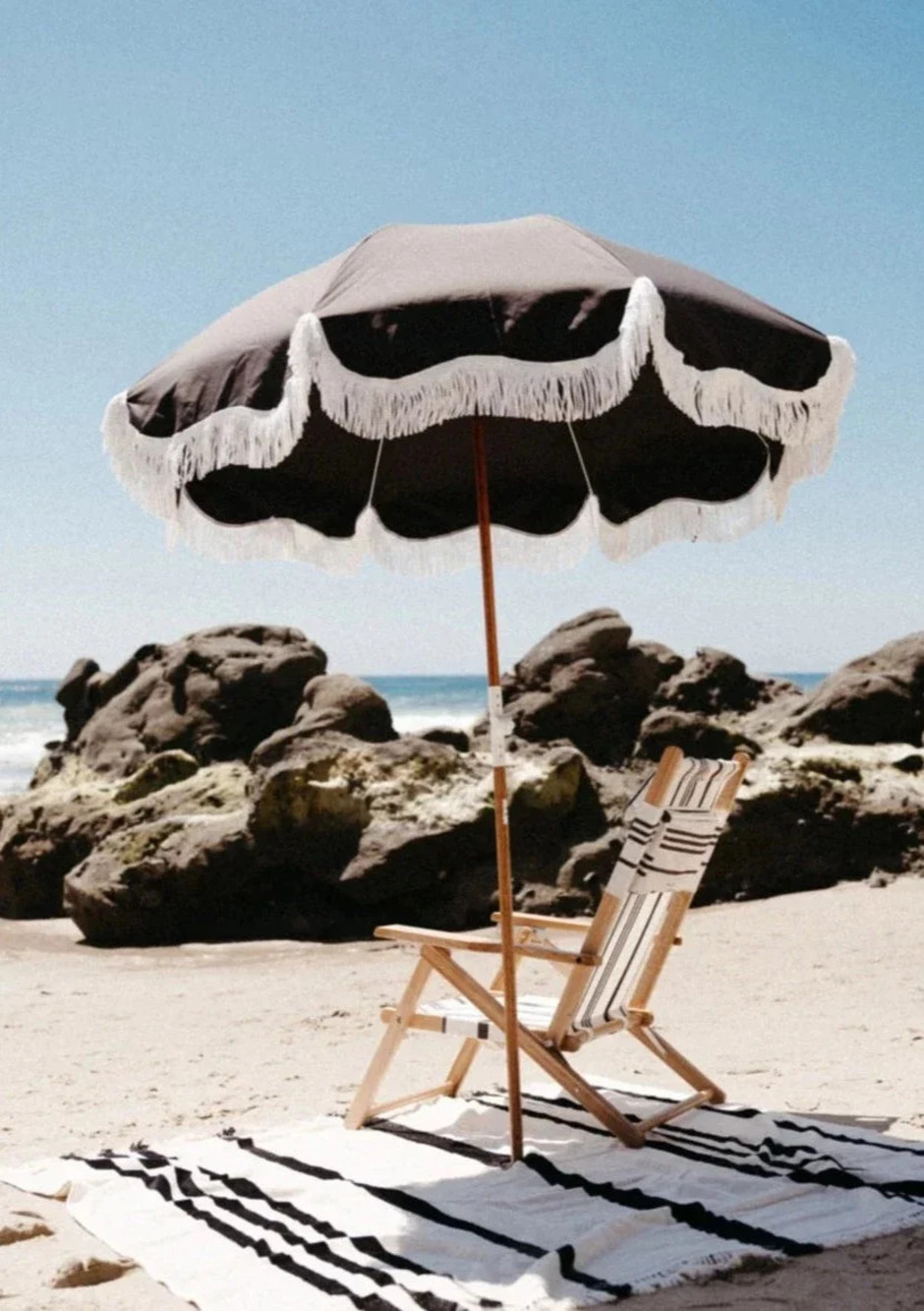 Business & Pleasure Co. Holiday Beach Umbrella Vintage Black Fringe UPF 50 NWT